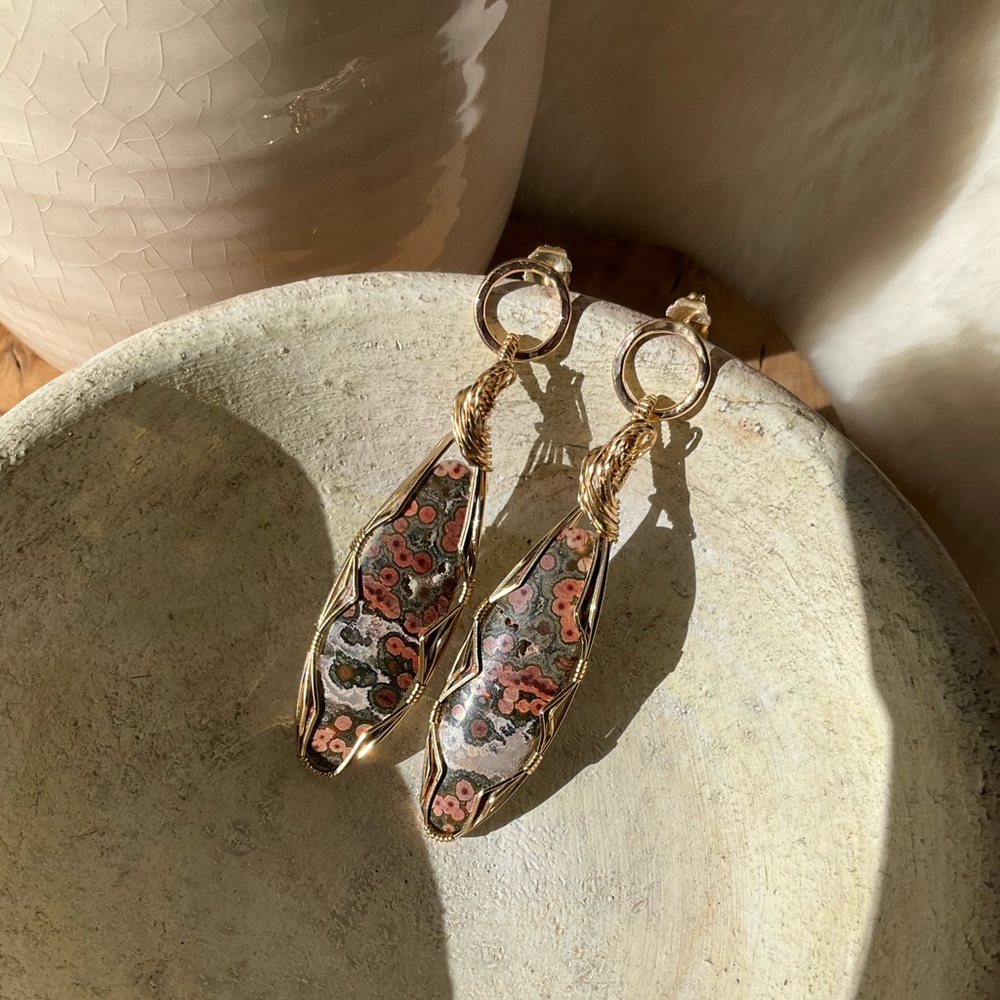 SOLD - 14k Gold Filled Madagascar Ocean Jasper Healing Stone Earrings - Picture 6 of 14